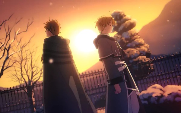 Anime scene from Mushoku Tensei: Jobless Reincarnation featuring Rudeus Greyrat standing back-to-back at sunset, rendered in 4K Ultra HD for PC desktop wallpaper.