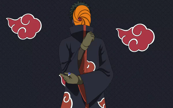 4K Ultra HD anime wallpaper featuring Obito Uchiha from Naruto, dressed in Akatsuki cloak with red cloud symbols on a dark textured background.