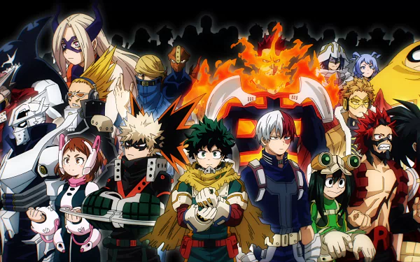 4K Ultra HD My Hero Academia anime wallpaper featuring main heroes in dynamic poses with vibrant colors and detailed character designs for PC desktop background.