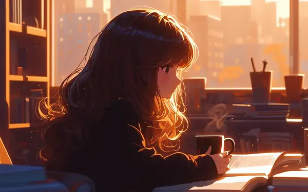 An anime girl enjoys a moment of reflection while studying, holding a warm cup in a cozy room bathed in golden afternoon light. A serene lofi vibe complements this 4K Ultra HD wallpaper.