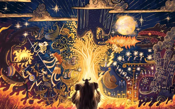 A detailed 4K Ultra HD anime wallpaper featuring Franky from One Piece, surrounded by vibrant, mystical murals and glowing celestial elements on a PC desktop background.