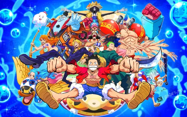 Vibrant One Piece anime 4K Ultra HD PC desktop wallpaper of the Straw Hat crew bursting forward in dynamic poses against a bright blue, bubble-filled ocean backdrop.