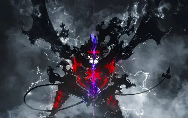 4K Ultra HD PC wallpaper of Asta (Black Clover) in a demonic black-winged form, glowing red and purple aura, wielding grimoire energy amid stormy clouds and lightning.