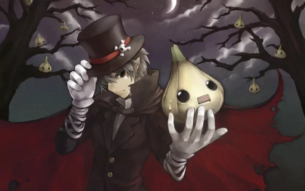 HD desktop wallpaper features an anime boy in a top hat and cape holding a pumpkin-like creature, set against a dark, eerie background with moonlight and ghastly trees.