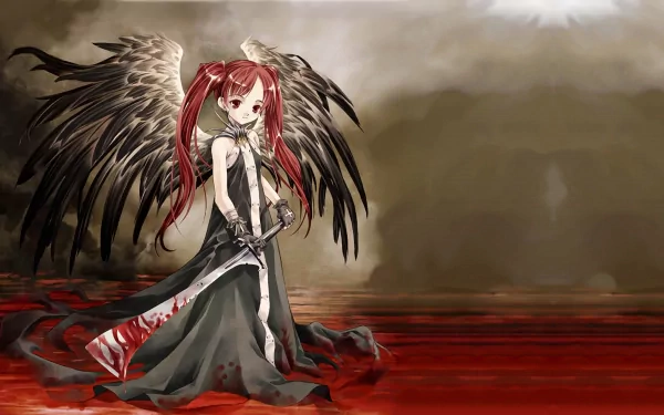 HD desktop wallpaper featuring an anime character with dark wings from Aquarian Age, standing on a red, cloudy background, holding a sword.