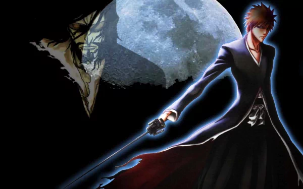 HD desktop wallpaper featuring Ichigo Kurosaki from Bleach wielding Zangetsu, with a large moon in the background.