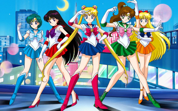 HD desktop wallpaper featuring Sailor Moon and her fellow Sailor Scouts posing heroically with a cityscape background at night.