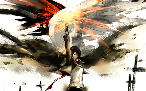 HD desktop wallpaper of Mikasa Ackerman from Attack on Titan, featuring dynamic battle scene with explosive backdrop.
