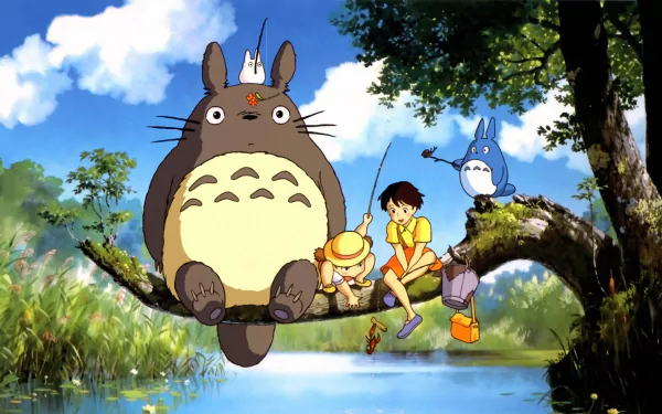 HD desktop wallpaper featuring Totoro, Mini Totoro, Satsuki, and Mei Kusakabe from the anime My Neighbor Totoro sitting on a tree branch.