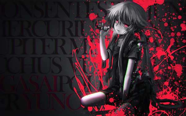 HD desktop wallpaper featuring Yuno Gasai from the anime Mirai Nikki, with a dark background and vibrant red splashes surrounding the character.