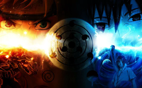 HD wallpaper featuring Naruto Uzumaki and Sasuke Uchiha from the anime Naruto, with a vibrant clash of energies and Sharingan details.