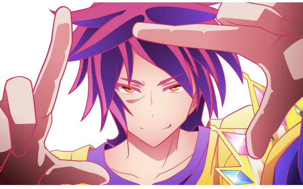 Anime character Sora from No Game No Life with yellow eyes and two-toned purple and pink hair, makes a framing gesture. HD desktop wallpaper.