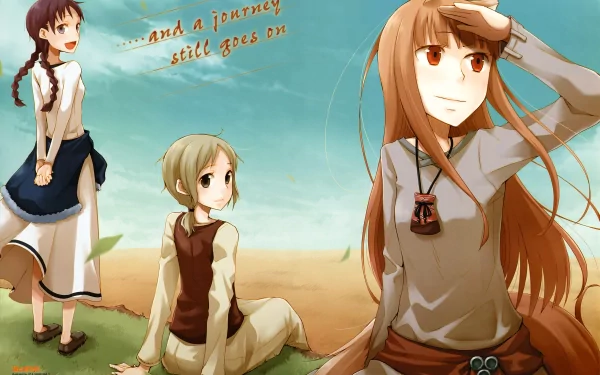 Anime HD wallpaper featuring characters Chloe and Nora Arendt from Spice and Wolf. Chloe in a white dress with long brown braided hair and blue eyes, Nora with long brown hair, brown eyes, and kemonomimi traits under a blue sky.