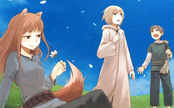 Anime wallpaper: a character with animal ears and a tail, holding a flower, sits on grass, smiling. Two others stand nearby under a blue sky with petals falling. Tagged: nature, grass, belt, Holo, Spice and Wolf.
