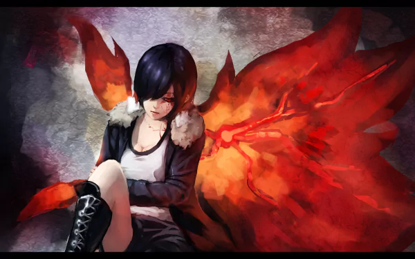 HD desktop wallpaper featuring Touka Kirishima from Tokyo Ghoul, with blue hair and red eyes, wearing a jacket and boots, against a backdrop of vibrant red kagune wings.