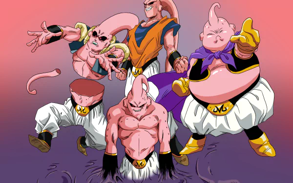 HD desktop wallpaper featuring various forms of Majin Buu from the anime Dragon Ball Z, showcasing the character's transformations against a gradient background.