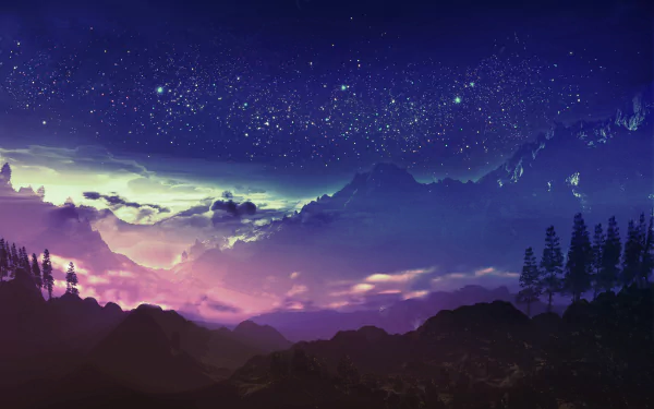 HD anime landscape desktop wallpaper featuring a serene night sky filled with stars over a picturesque mountain range and cloud formations.