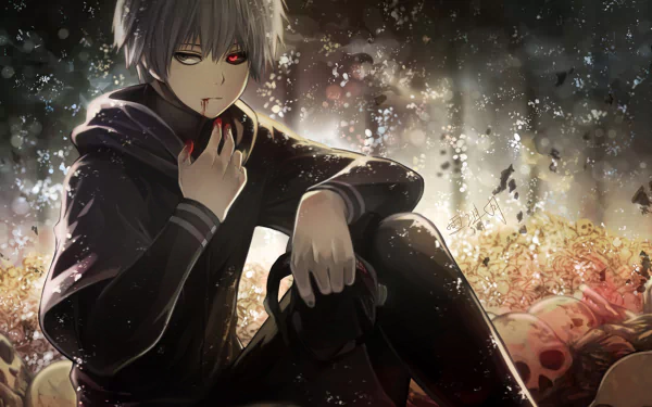 HD desktop wallpaper of Ken Kaneki from Tokyo Ghoul, wearing a hoodie. He sits amidst a dark, atmospheric background with falling petals, his hand near his face, revealing his iconic red eye.
