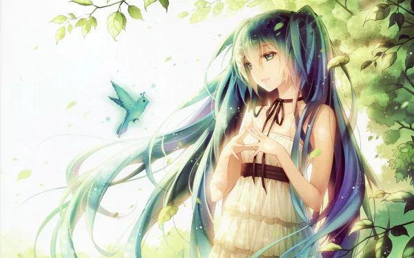 A serene HD wallpaper featuring Hatsune Miku, an anime character with long blue hair and striking blue eyes, standing amidst nature with a small blue bird nearby.