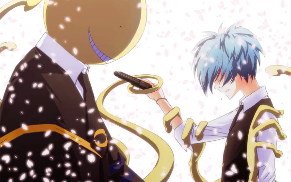 HD desktop wallpaper of Koro-sensei and Nagisa Shiota from Assassination Classroom. They are depicted with a serene background of falling cherry blossom petals, highlighting their anime characters in vibrant colors.