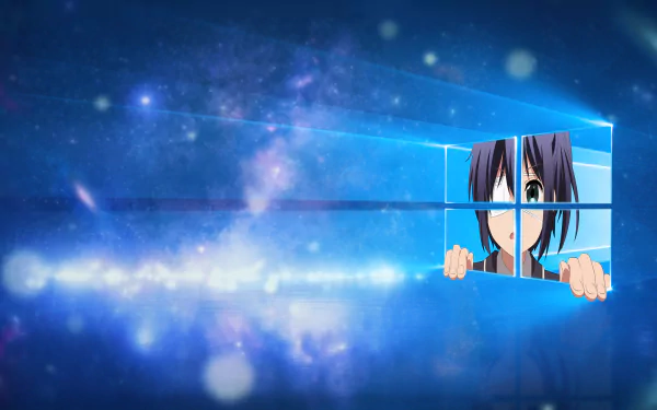 HD desktop wallpaper featuring Rikka Takanashi from Love Chunibyo & Other Delusions peeking through a Windows 10 logo against a starry galaxy background.