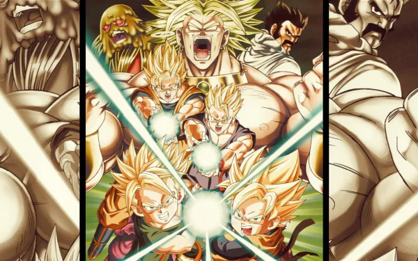 HD desktop wallpaper featuring Dragon Ball Z characters Trunks, Satan, Broly, Goten, Gohan, and Goku in an epic action scene with glowing auras and intense expressions.