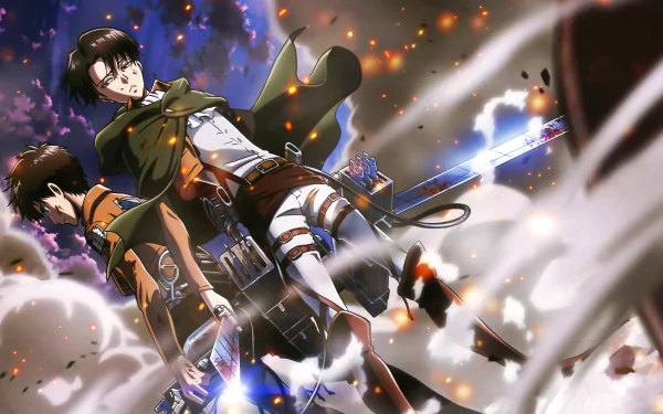 HD desktop wallpaper featuring Levi Ackerman and Eren Yeager from the anime Attack on Titan, showcasing them in dynamic battle poses surrounded by dramatic lighting and smoke.