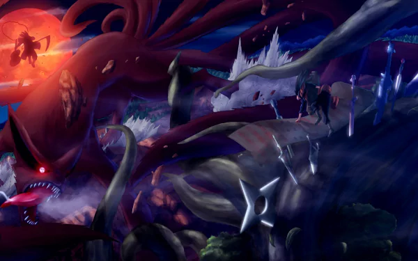High-definition desktop wallpaper featuring Hashirama Senju, Kurama, and Madara Uchiha from Naruto in a dramatic night-time battle scene.