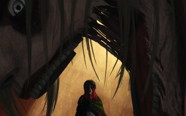 HD wallpaper featuring Annie Leonhart as the Female Titan and Eren Yeager from Attack on Titan. Eren stands center frame, framed by the menacing close-up of the Female Titan in the background.