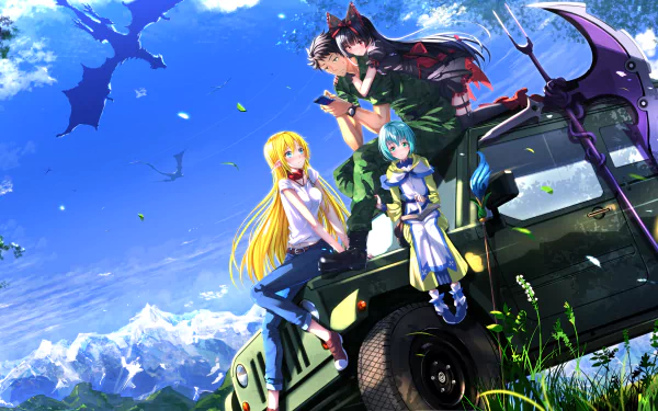HD desktop wallpaper featuring characters Tuka Luna Marceau, Lelei la Lalena, Rory Mercury, and Yōji Itami from the anime Gate: Jieitai Kanochi nite Kaku Tatakaeri, with a dragon flying in the background.