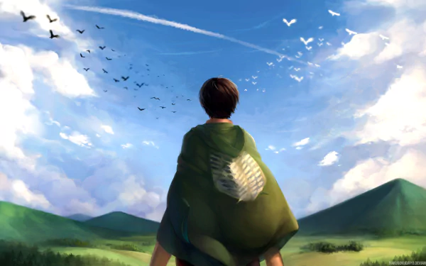 HD desktop wallpaper featuring Eren Yeager from the anime Attack on Titan, viewing a serene landscape with birds flying in a bright blue sky.