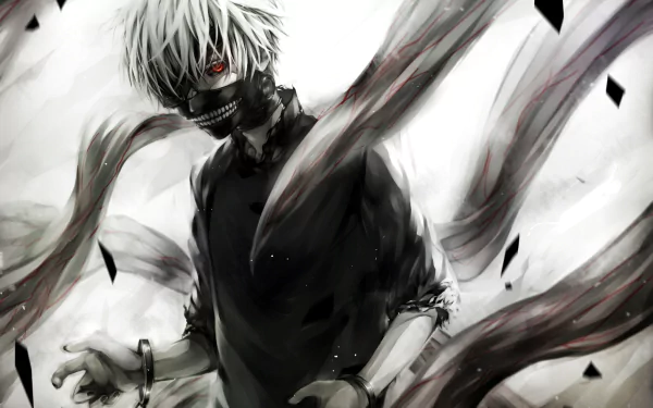 HD desktop wallpaper featuring Ken Kaneki from Tokyo Ghoul. He has white hair, red eyes, a mask, and visible cuffs, with Kagune tendrils swirling around him.