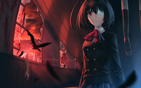 HD desktop wallpaper featuring Mei Misaki from the anime Another. She stands in a dimly lit, eerie corridor with broken windows and a red sky in the background, embodying a haunting atmosphere.