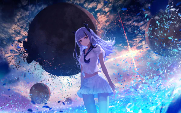 HD desktop wallpaper featuring an anime girl with long silver hair in a white outfit, standing against a cosmic background with planets and vibrant blue hues.