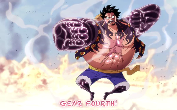 HD desktop wallpaper of Monkey D. Luffy in Gear Fourth form from One Piece, featuring his powerful Haki ability. Luffy stands in a dynamic pose, with a vibrant background showcasing his immense strength.