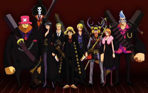 An HD desktop wallpaper featuring the main characters from One Piece: Tony Tony Chopper, Franky, Nami, Usopp, Sanji, Monkey D. Luffy, Roronoa Zoro, Nico Robin, and Brook, all dressed in stylish outfits.