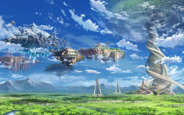 HD desktop wallpaper and background of a fantastical landscape from Sword Art Online anime, showcasing floating islands, lush greenery, and a towering spire with a swirling sky.