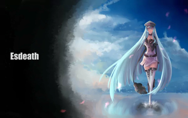 A striking HD wallpaper featuring Esdeath from Akame Ga Kill!, showcasing her commanding presence against a backdrop of clouds and subtle petals in the foreground.