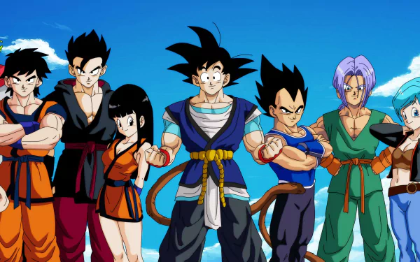 HD desktop wallpaper featuring Goten, Bulla, Pan, Dende, Trunks, Vegeta, Krillin, Gohan, and Goku from Dragon Ball Super, posing together under a clear blue sky.