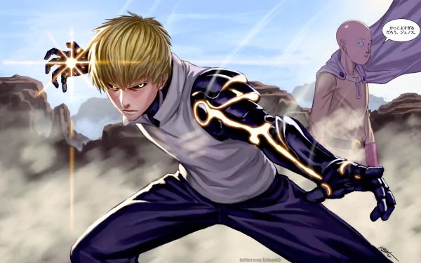 Dynamic HD wallpaper featuring Saitama and Genos from One-Punch Man, showcasing their intense battle-ready poses against a dramatic backdrop.