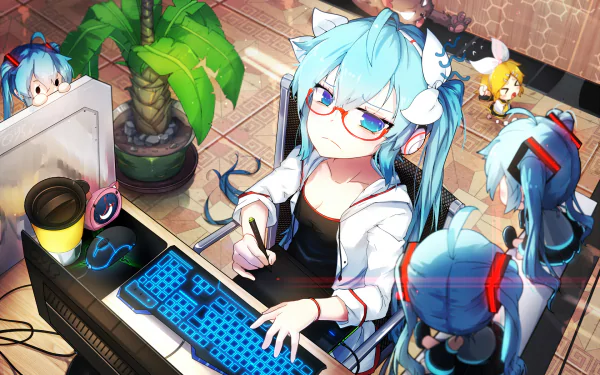 HD anime wallpaper featuring chibi Hatsune Miku with aqua eyes and hair in twintails, wearing glasses and headphones, sitting at a computer with a blue keyboard. There's a plant in the background.