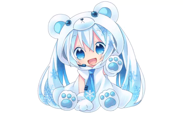 Chibi Hatsune Miku with blue hair and twintails, wearing a cute teddy bear hood, featuring as an HD anime desktop wallpaper and background.