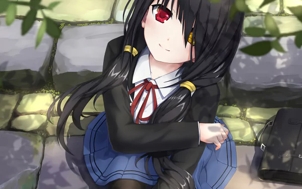 Anime character Kurumi Tokisaki, with long black hair and heterochromia, sits in a school uniform. Sunlight filters through foliage above. (HD wallpaper, Date A Live)