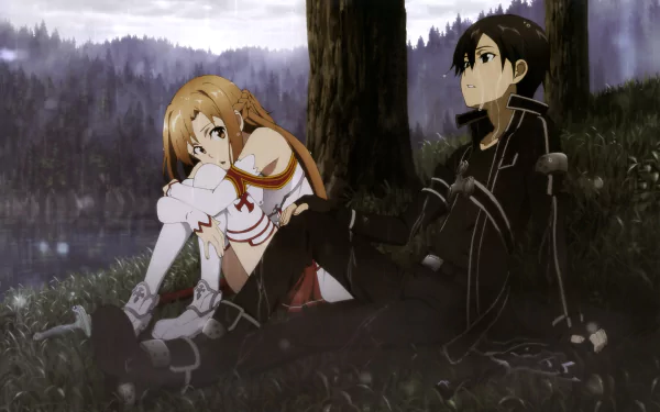 HD desktop wallpaper featuring Kirito and Asuna Yuuki from Sword Art Online, sitting under a tree in a rainy setting. The background includes a serene, misty forest and a lake.