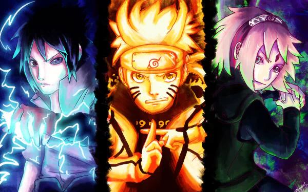 HD desktop wallpaper featuring Sakura Haruno, Sasuke Uchiha, and Naruto Uzumaki from the anime Naruto, showcasing each character in a dynamic pose with vibrant colors and intense lighting.