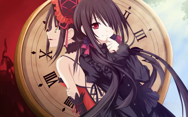 HD desktop wallpaper of an anime character with long black hair and red eyes from the series Date A Live, depicted in front of a large clock.