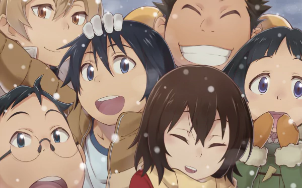 Anime characters Osamu, Kazu, Hiromi Sugita, Kenya Kobayashi, Satoru Fujinuma, and Kayo Hinazuki from Boku Dake Ga Inai Machi (ERASED) smiling in the snow. HD desktop wallpaper and background.
