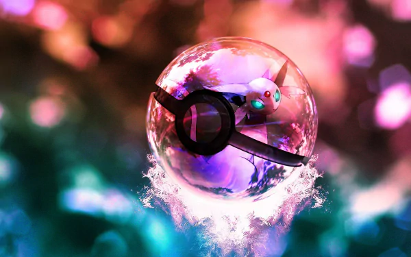 HD anime-style Pokemon wallpaper featuring a glowing Pokeball with a small, cute Pokemon inside, surrounded by vibrant, colorful light effects and a dreamy background.