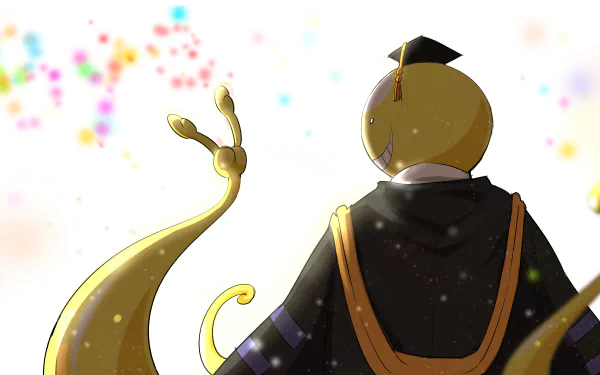 Koro-sensei from Assassination Classroom is depicted in this HD wallpaper, showcasing his graduation attire against a vibrant, celebratory background.