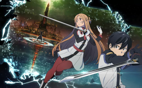 HD desktop wallpaper featuring Kirito and Asuna in action poses from the anime Sword Art Online Movie: Ordinal Scale against a vibrant, shattered-glass background showcasing a distant tower.